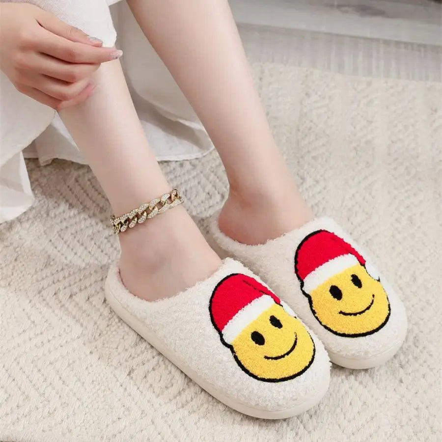 Preppy Aesthetic Christmas Smiley Face Cozy Santa Slippers