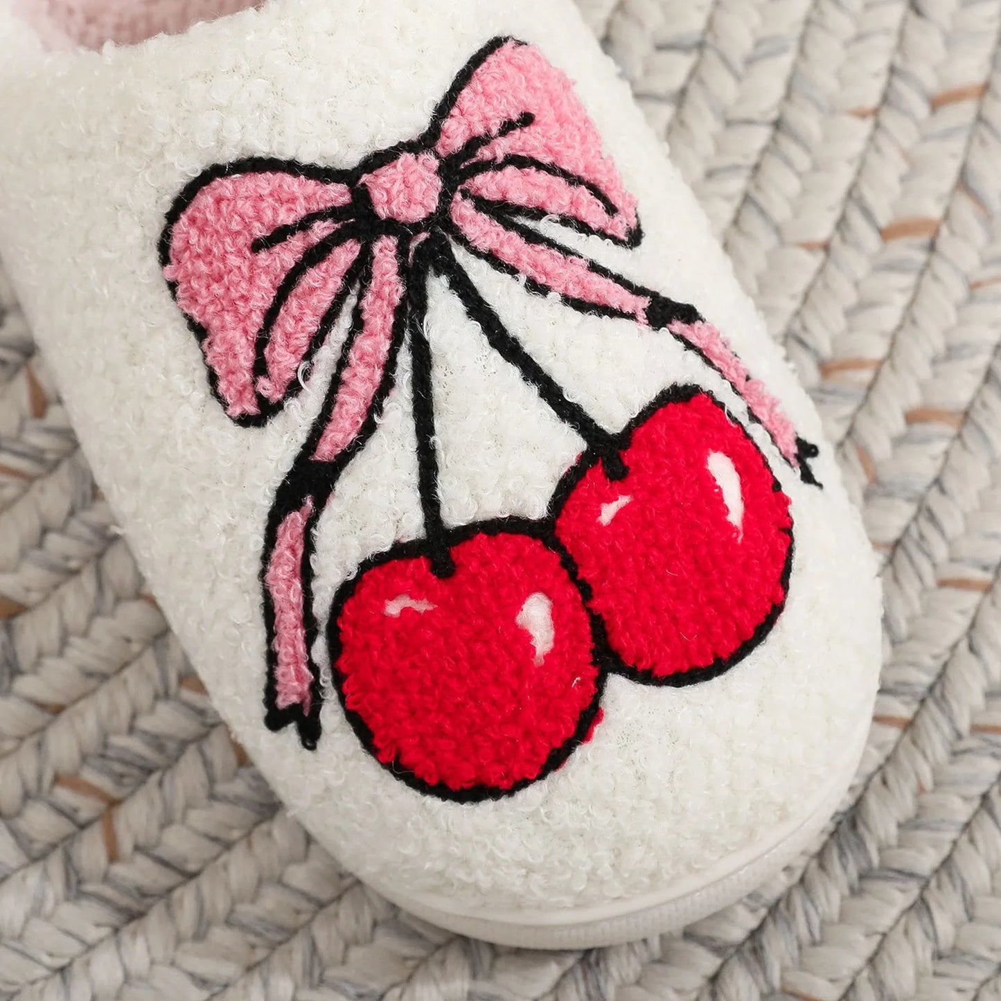 Preppy Aesthetic Coquette Christmas Cherry Bow Cozy Slippers