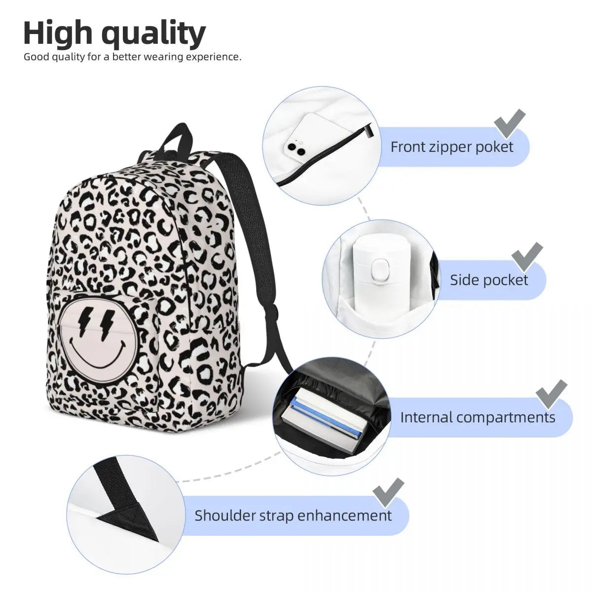 Preppy Aesthetic Smiley Face Black Leopard Print Backpack