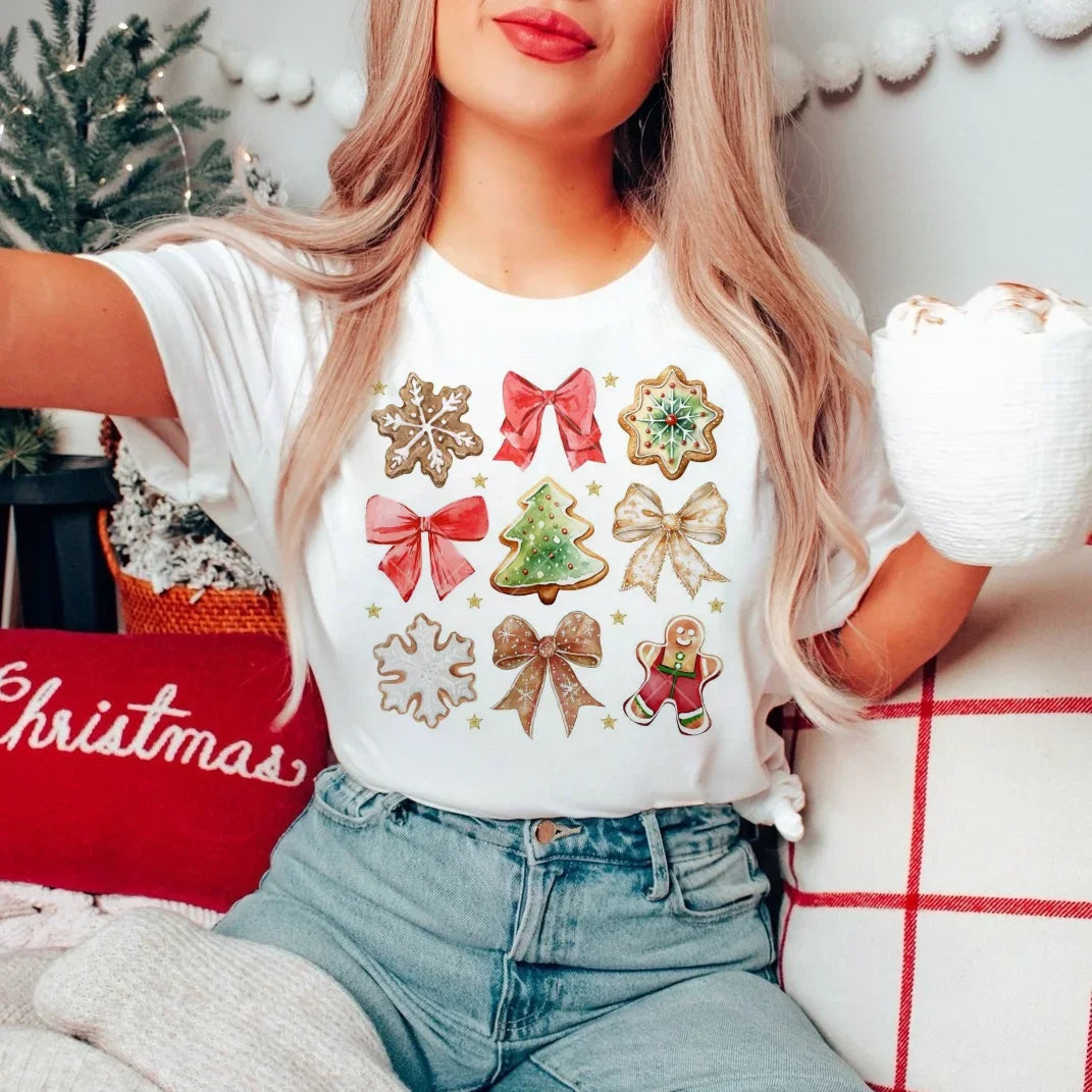 Preppy Aesthetic Christmas Cookie Pattern Bow Holiday T-Shirt