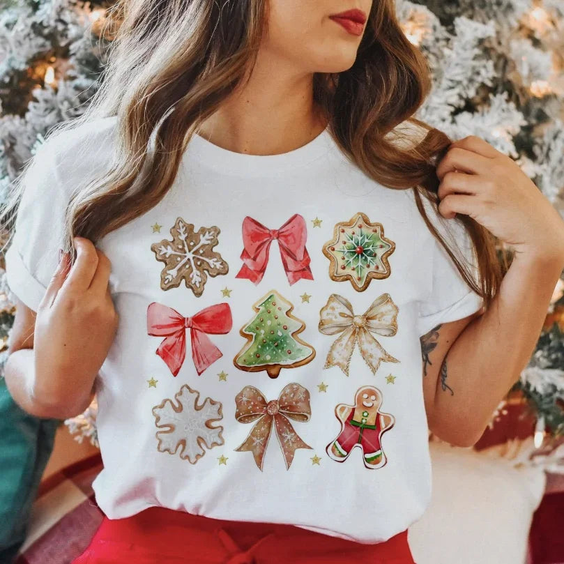 Preppy Aesthetic Christmas Cookie Pattern Bow Holiday T-Shirt