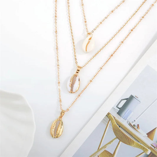 Preppy Aesthetic Seashell Gold Pendant Layered Necklace