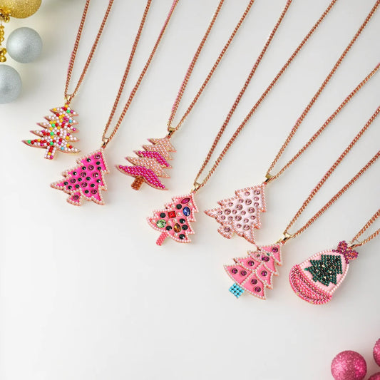 Preppy Aesthetic Pink Christmas Tree Pendant Necklaces