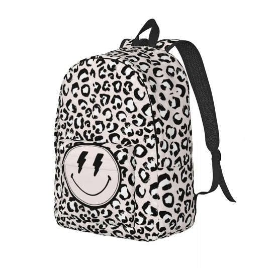 Preppy Aesthetic Smiley Face Black Leopard Print Backpack