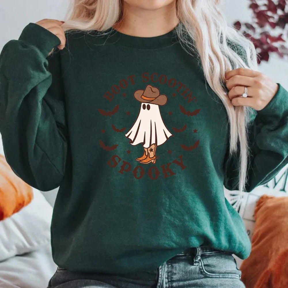 Boot Scootin Spooky Preppy Aesthetic Cowgirl Ghost Halloween Crewneck Sweatshirt