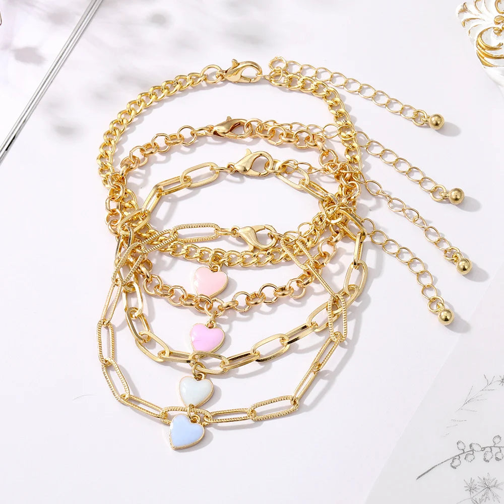 Preppy Aesthetic Gold Chain Heart Bracelets Set (4 pack)