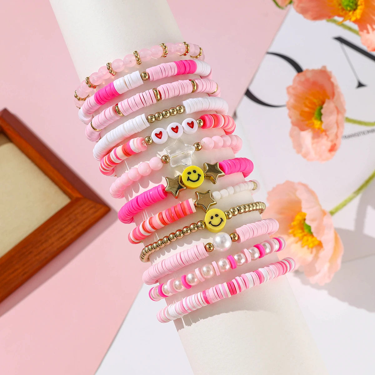 Pink Preppy Aesthetic Beaded Bracelet Set (12 pack)