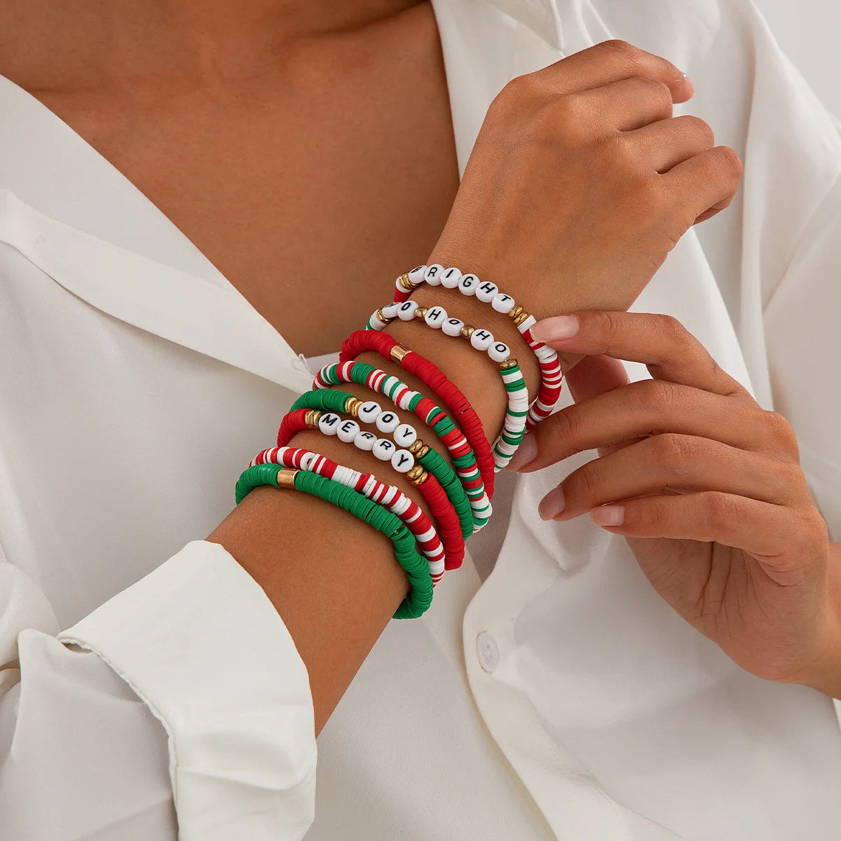 Preppy Aesthetic Beaded Christmas Holiday Friendship Bracelet Set (8 pack)