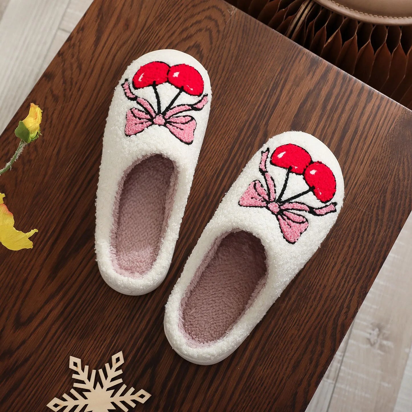 Preppy Aesthetic Coquette Christmas Cherry Bow Cozy Slippers