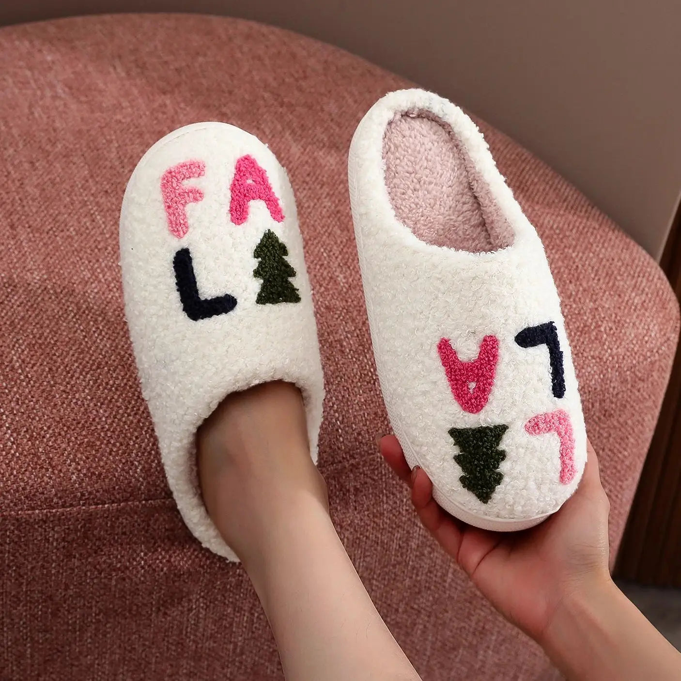 Preppy Aesthetic Fa La La Christmas Tree Holiday Cozy Slippers