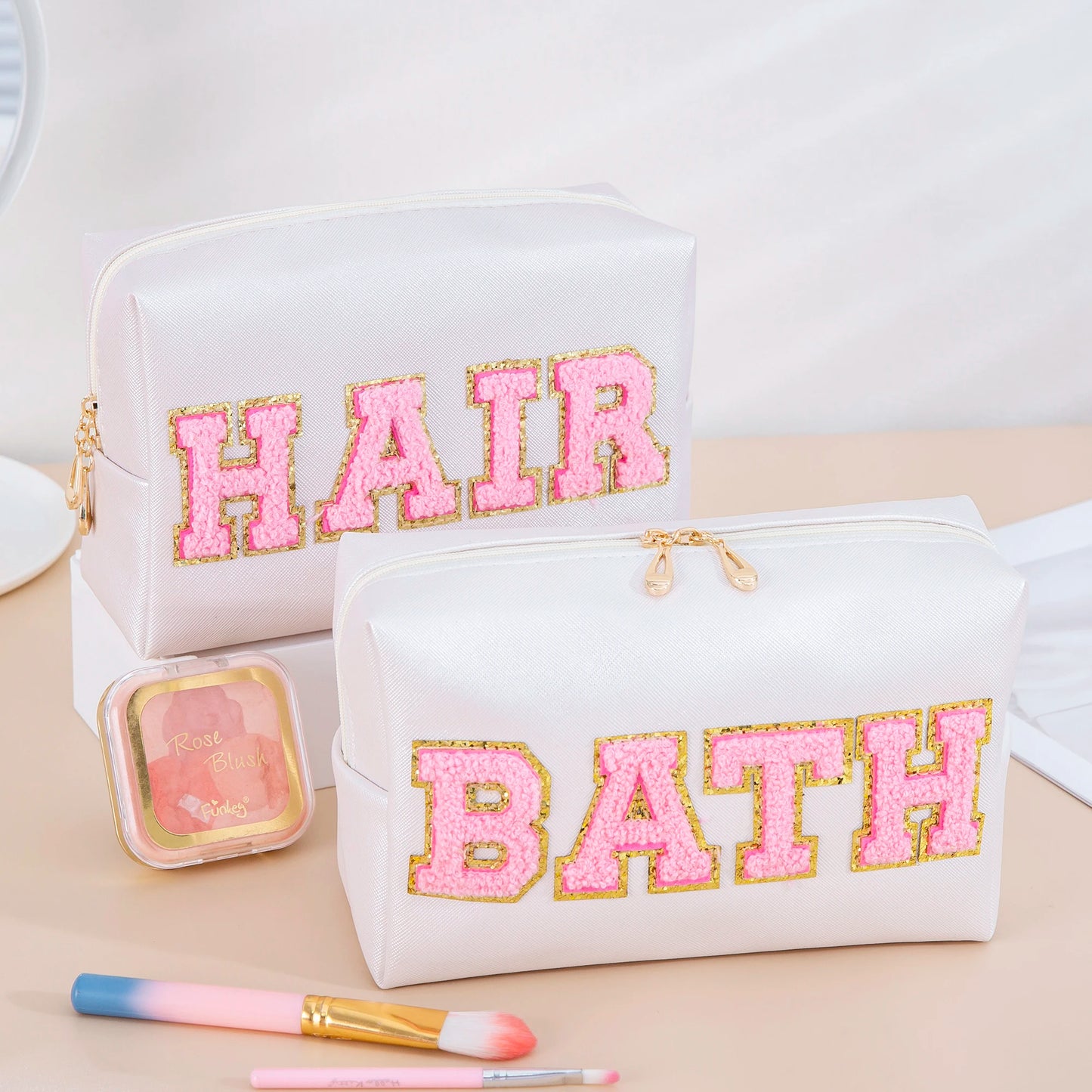 Preppy Aesthetic Patch Pink and White Skincare Storage Bag