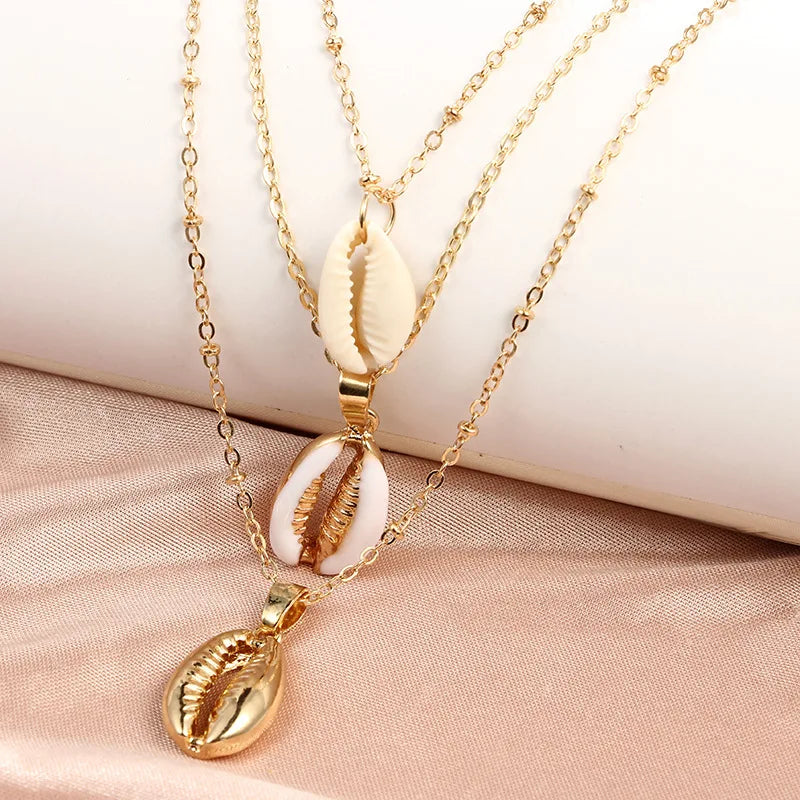 Preppy Aesthetic Seashell Gold Pendant Layered Necklace