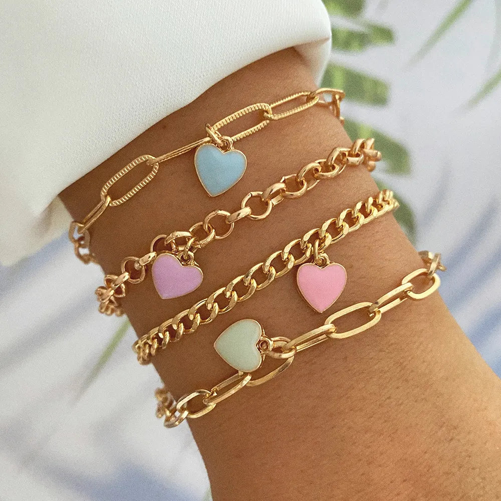 Preppy Aesthetic Gold Chain Heart Bracelets Set (4 pack)