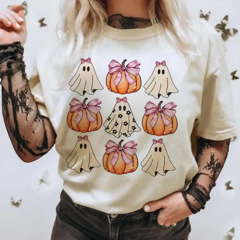 Preppy Aesthetic Ghost Coquette Bow Halloween Pumpkin Graphic T-Shirt