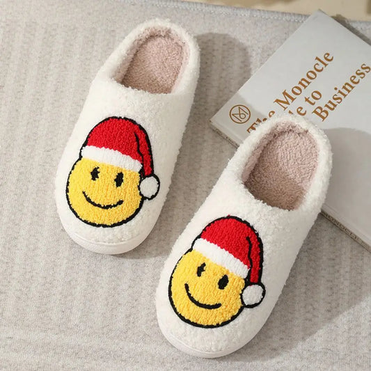 Preppy Aesthetic Christmas Smiley Face Cozy Santa Slippers