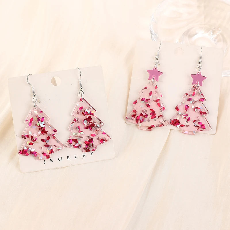 Preppy Aesthetic Pink Christmas Tree Holiday Earrings