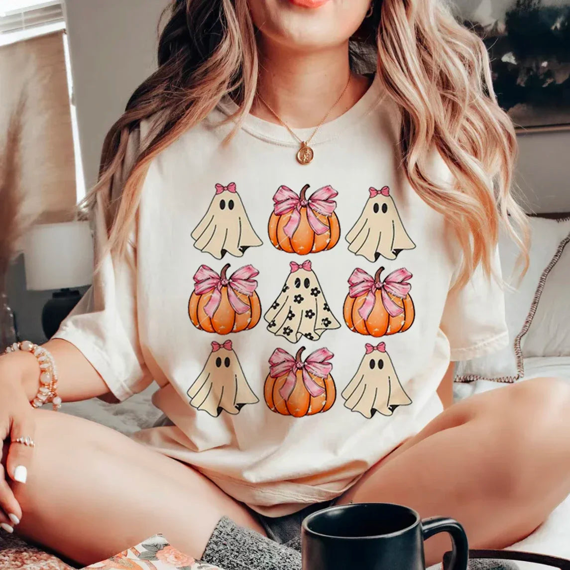 Preppy Aesthetic Ghost Coquette Bow Halloween Pumpkin Graphic T-Shirt