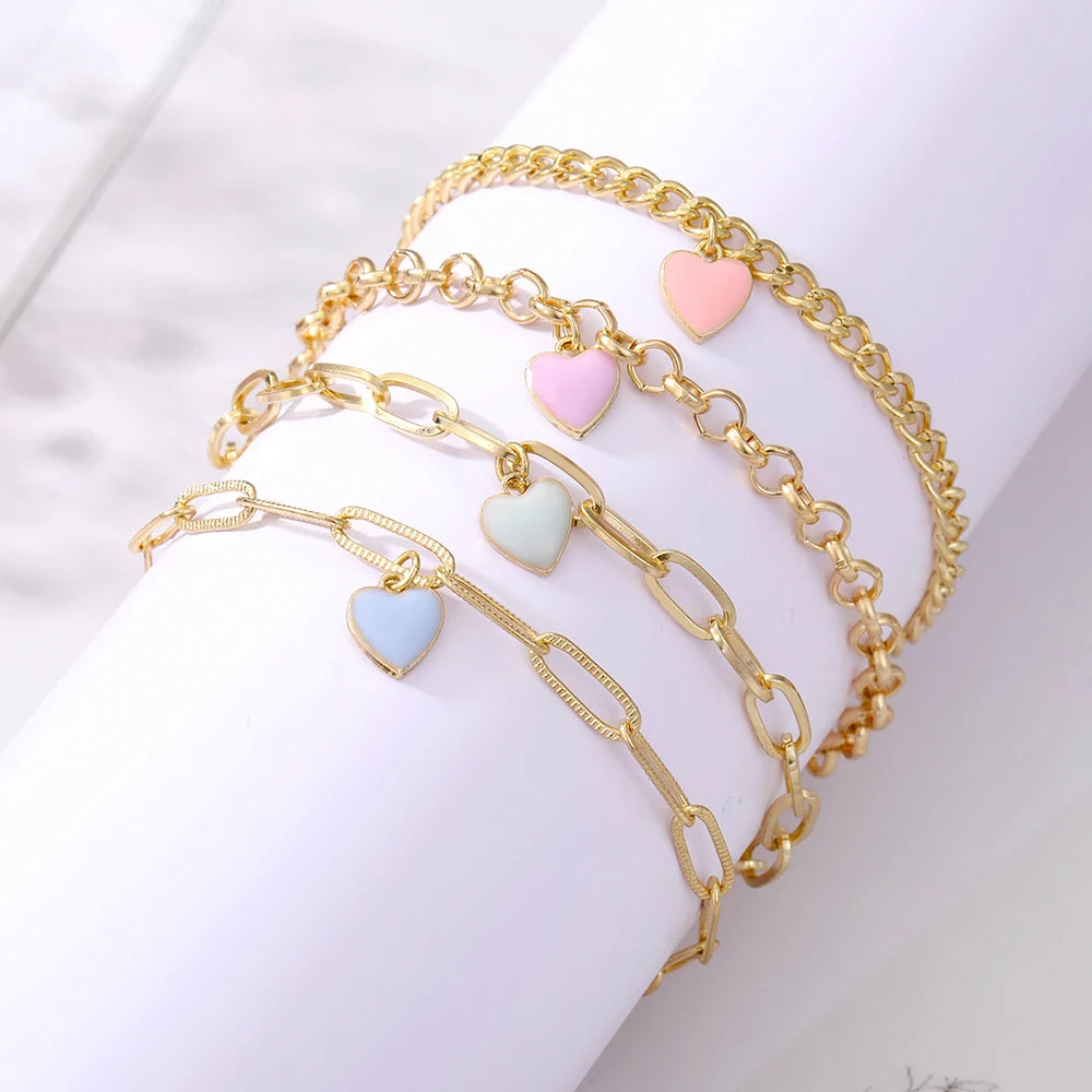 Preppy Aesthetic Gold Chain Heart Bracelets Set (4 pack)