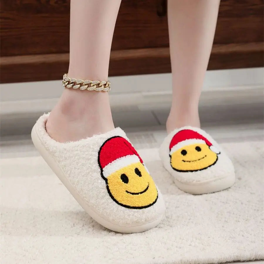 Preppy Aesthetic Christmas Smiley Face Cozy Santa Slippers