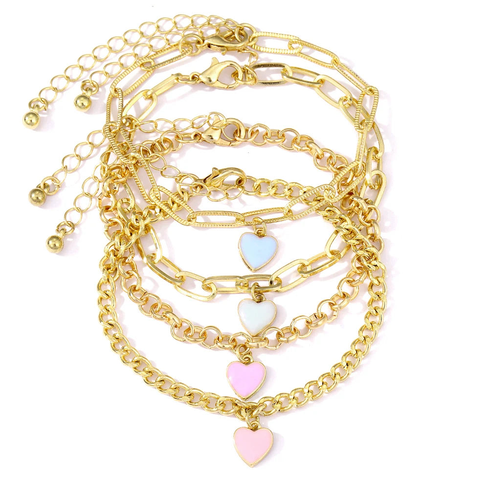 Preppy Aesthetic Gold Chain Heart Bracelets Set (4 pack)