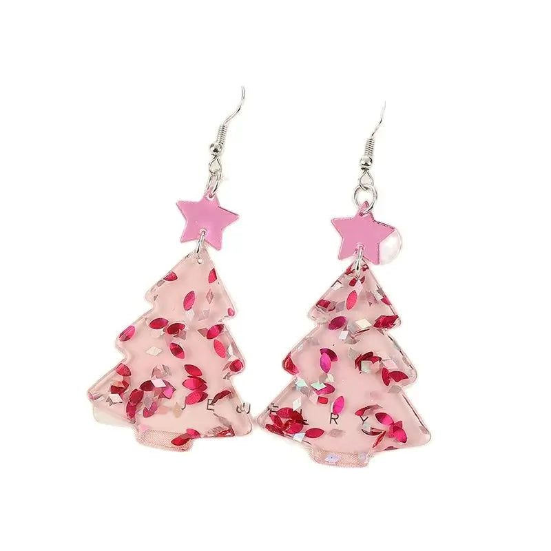 Preppy Aesthetic Pink Christmas Tree Holiday Earrings