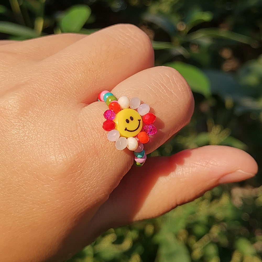 Beaded Smiley Face Sunflower Rings