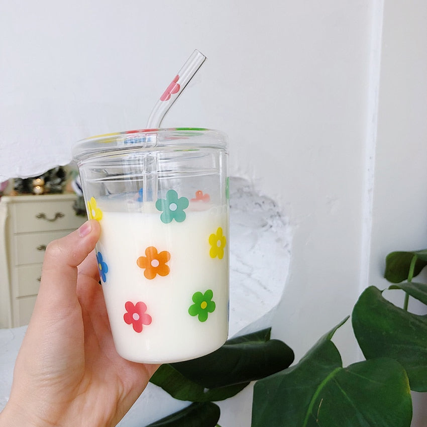 Colorful Flower Glass Coffee Cup with Straw Lid 12 oz – The Preppy
