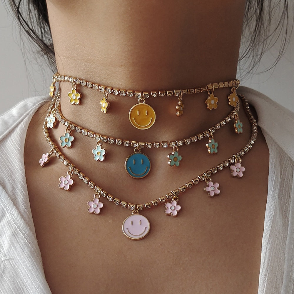 Smiley Face and Flower Choker Necklace