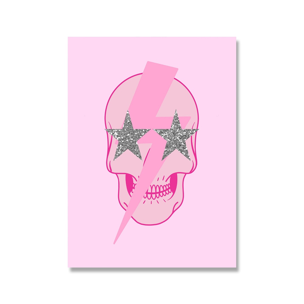 Pink Lightning Strike Preppy Aesthetic Glitter Star Skull Wall Art Poster