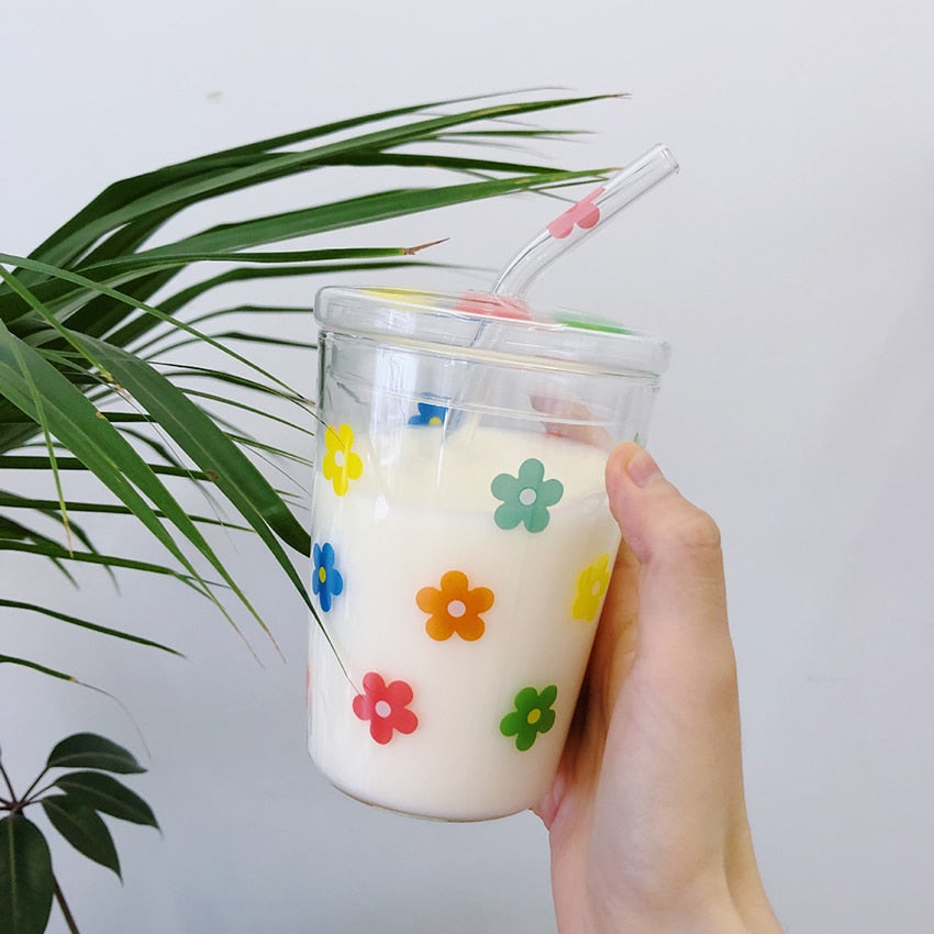Colorful Flower Glass Coffee Cup with Straw Lid 12 oz – The Preppy Place