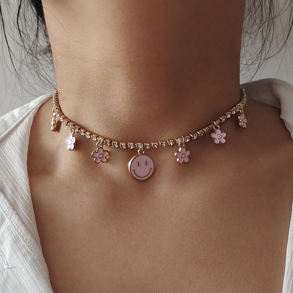 Smiley Face and Flower Choker Necklace White