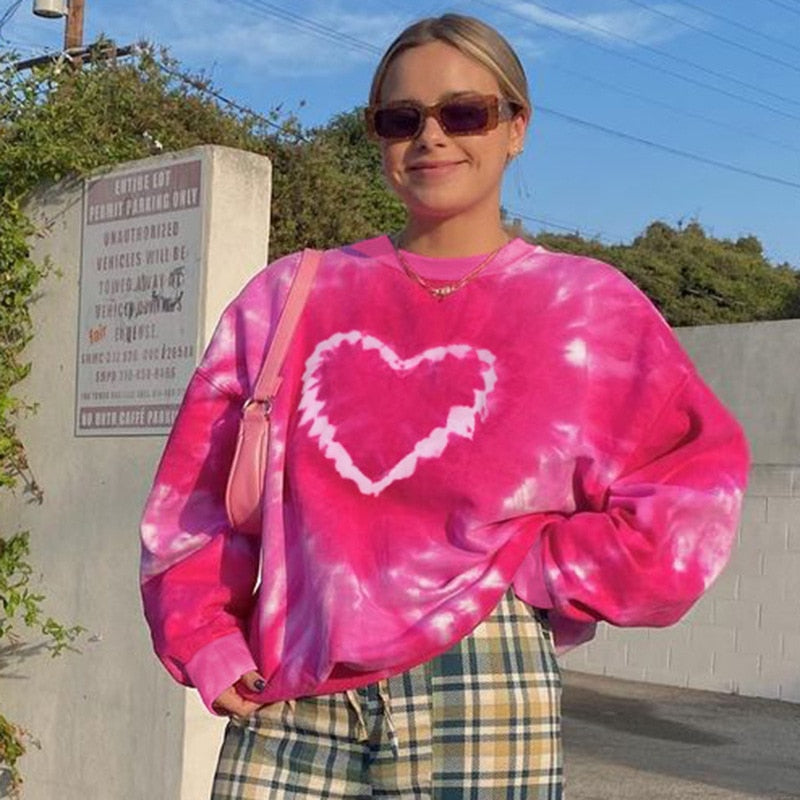 Tie Dye Pink Heart Print Sweatshirt