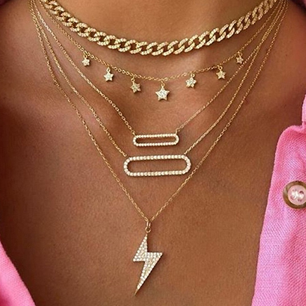 Aesthetic Lightning and Stars Preppy Layered Necklace Set