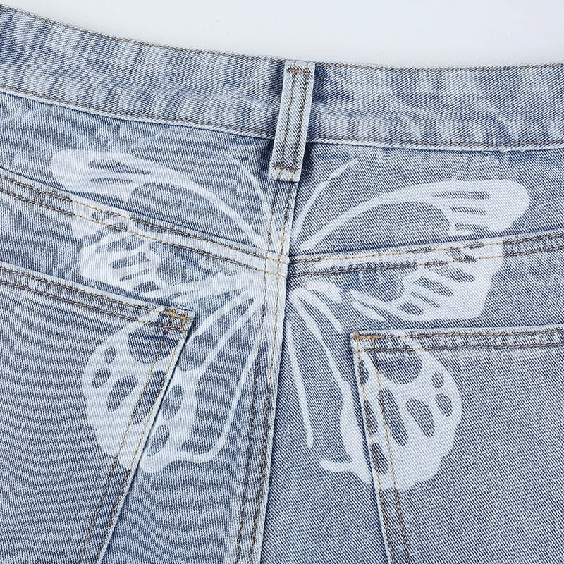 Straight Leg Butterfly Print Baggy Jeans