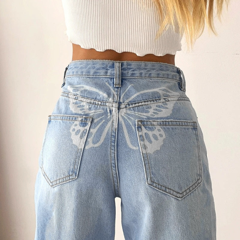 Straight Leg Butterfly Print Baggy Jeans