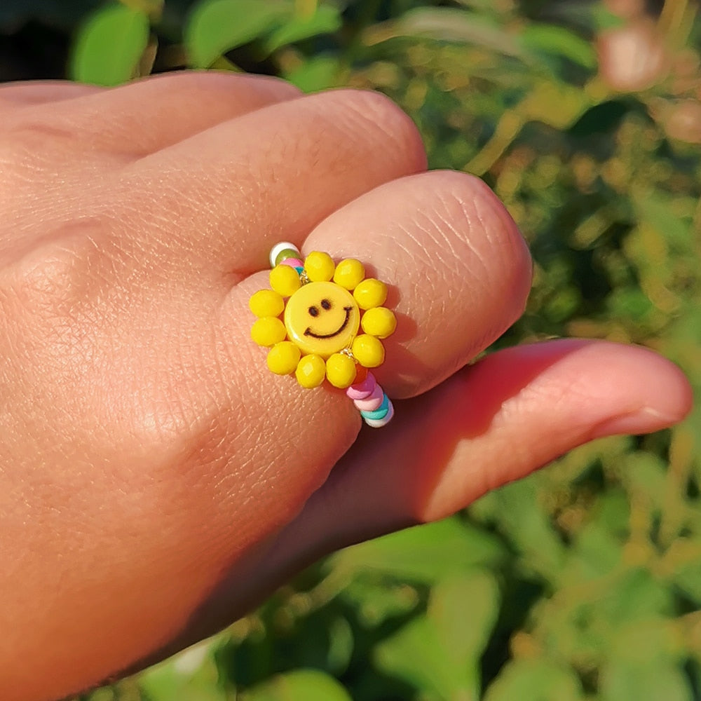 Beaded Smiley Face Sunflower Rings