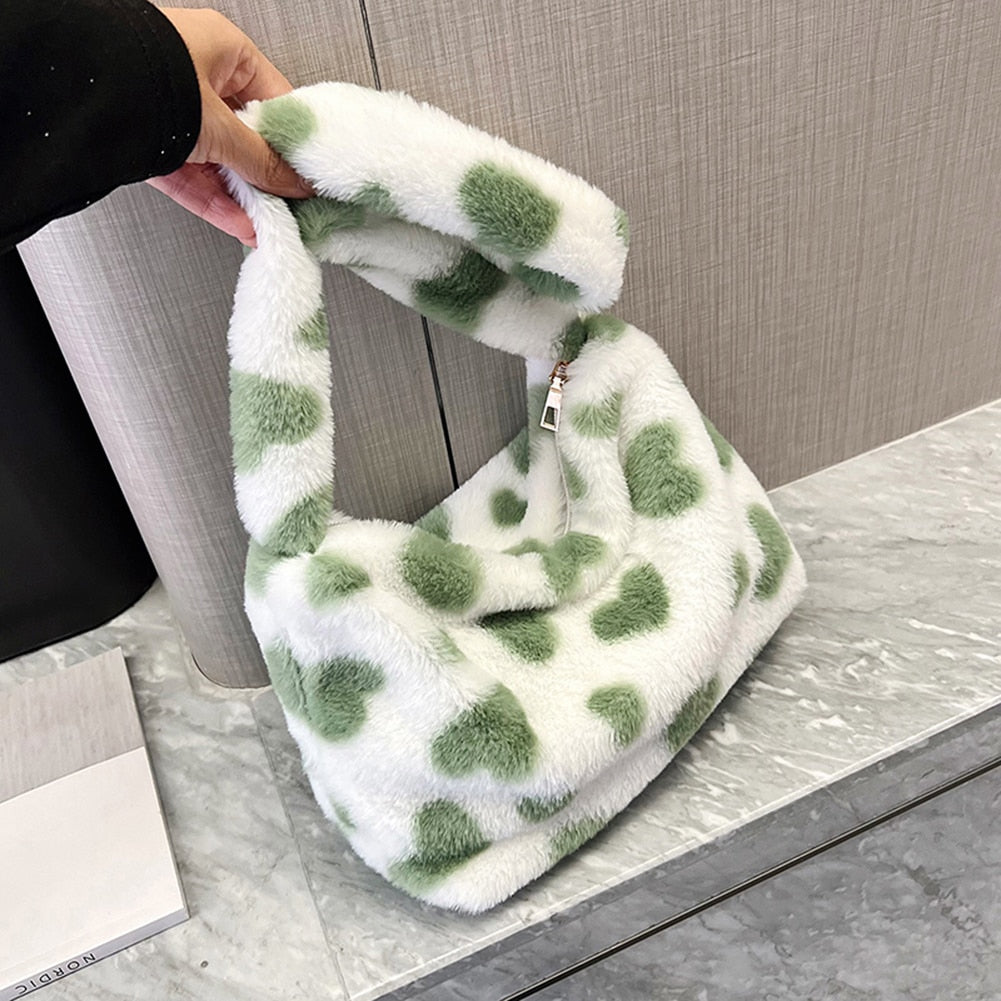 Heart Print Fluffy Plush Handbags