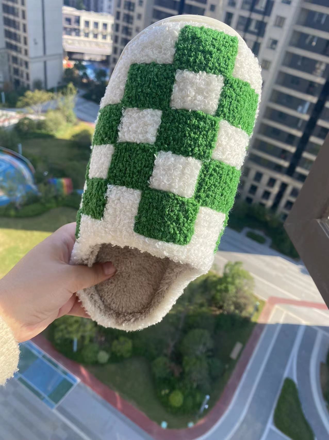Preppy Aesthetic Green Checkerboard Print Cozy Slippers