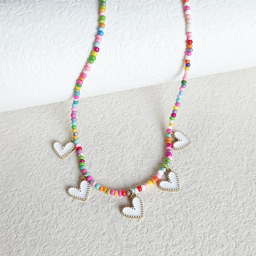 Preppy Aesthetic Heart Rainbow Beaded Pendant Necklace