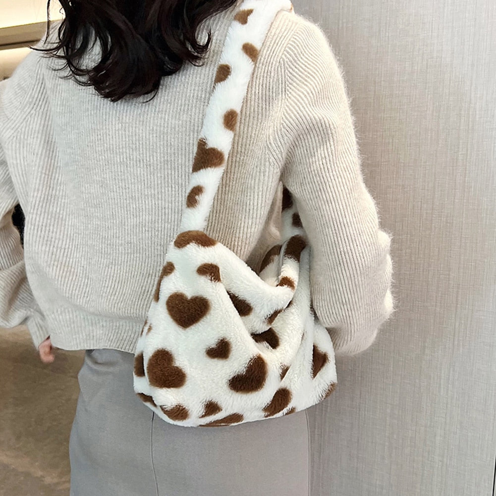 Heart Print Fluffy Plush Handbags