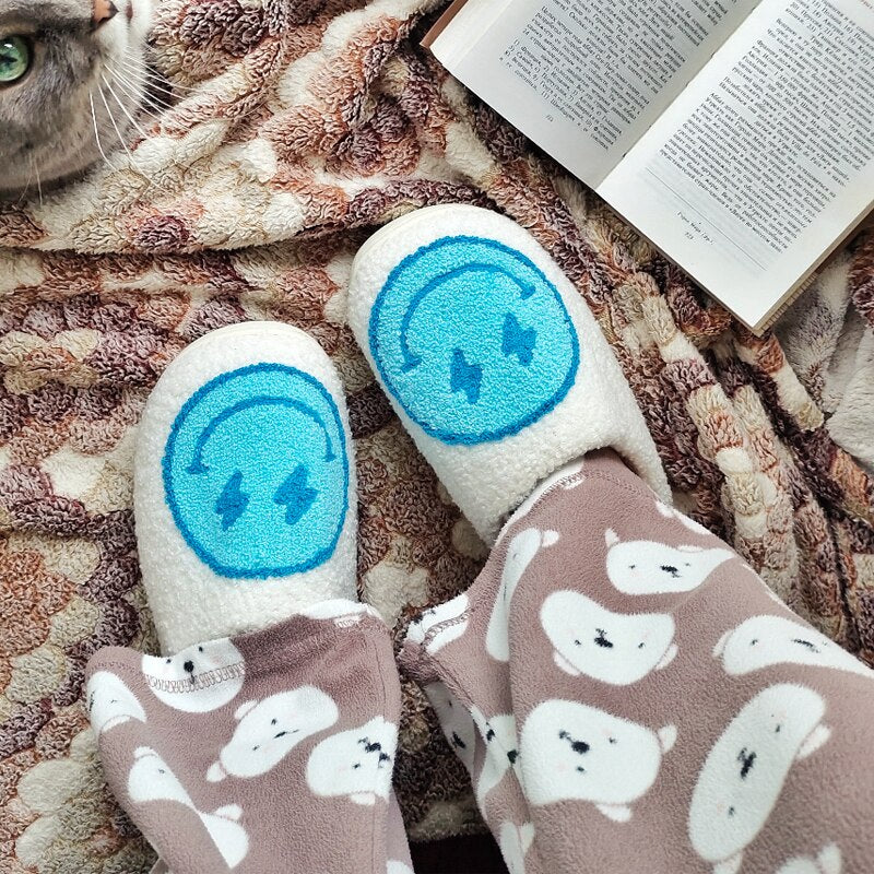 Smiley Face Lightning Blue/ Pink Preppy Aesthetic Slippers