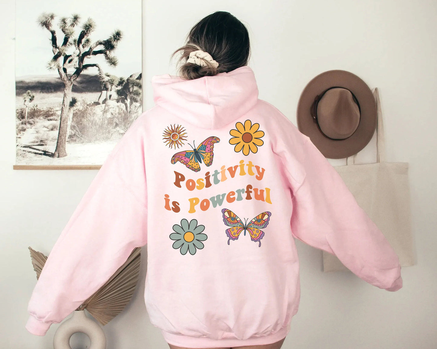 Positivity is Powerful Butterfly and Floral Print Hoodie