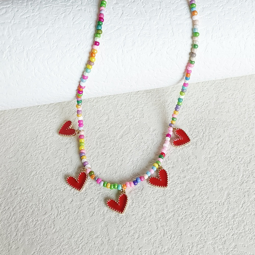 Preppy Aesthetic Heart Rainbow Beaded Pendant Necklace