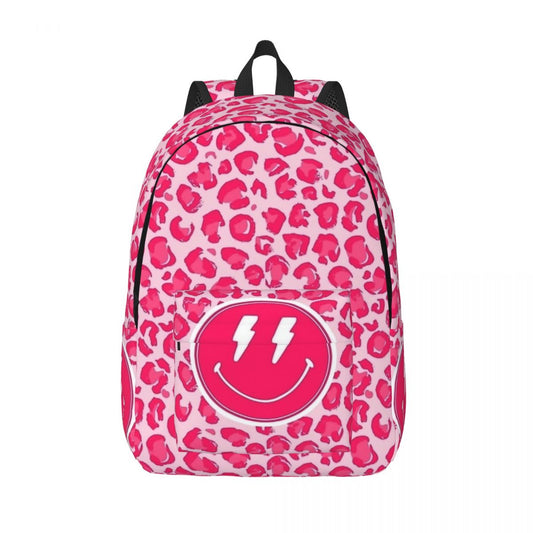 Preppy Aesthetic Pink Leopard Print Smiley Face Backpack