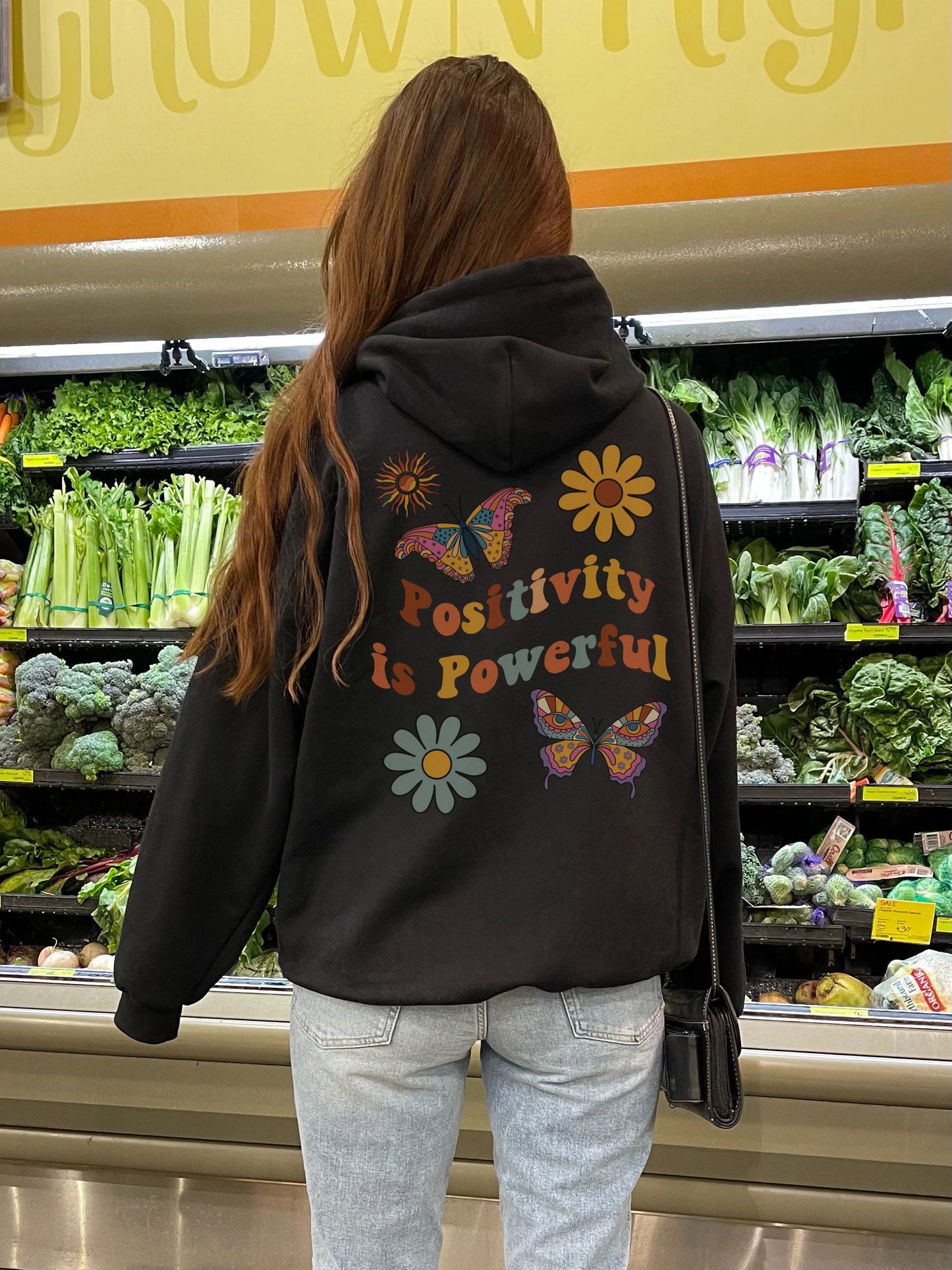 Positivity is Powerful Butterfly and Floral Print Hoodie