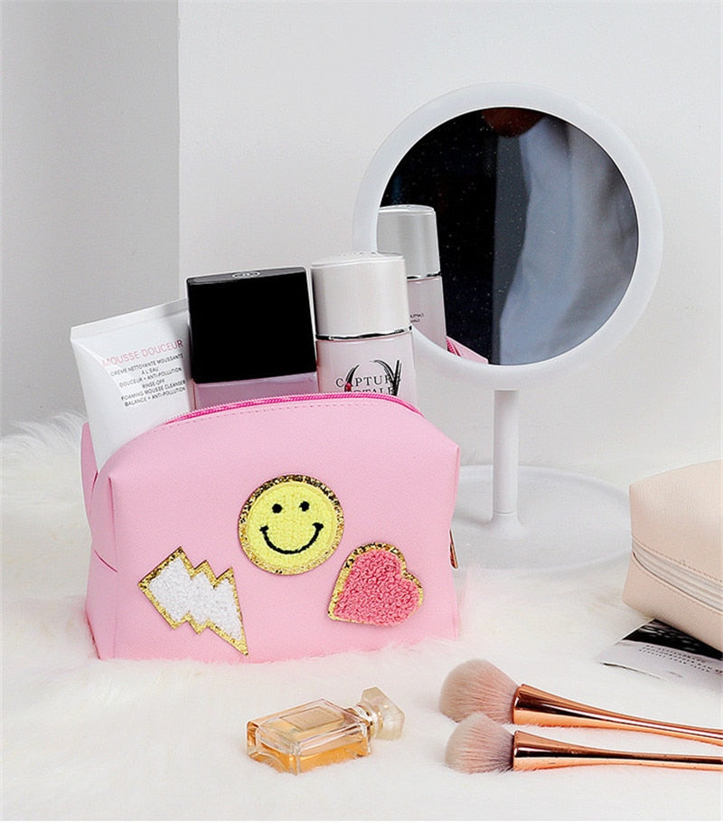 Preppy Aesthetic Smiley Face Lightning Bolt Patches Makeup Bags