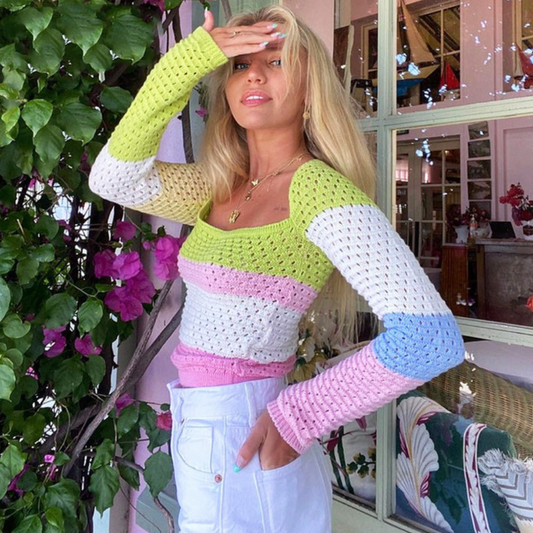 Preppy Aesthetic Summer Crochet Long Sleeve Crop Top