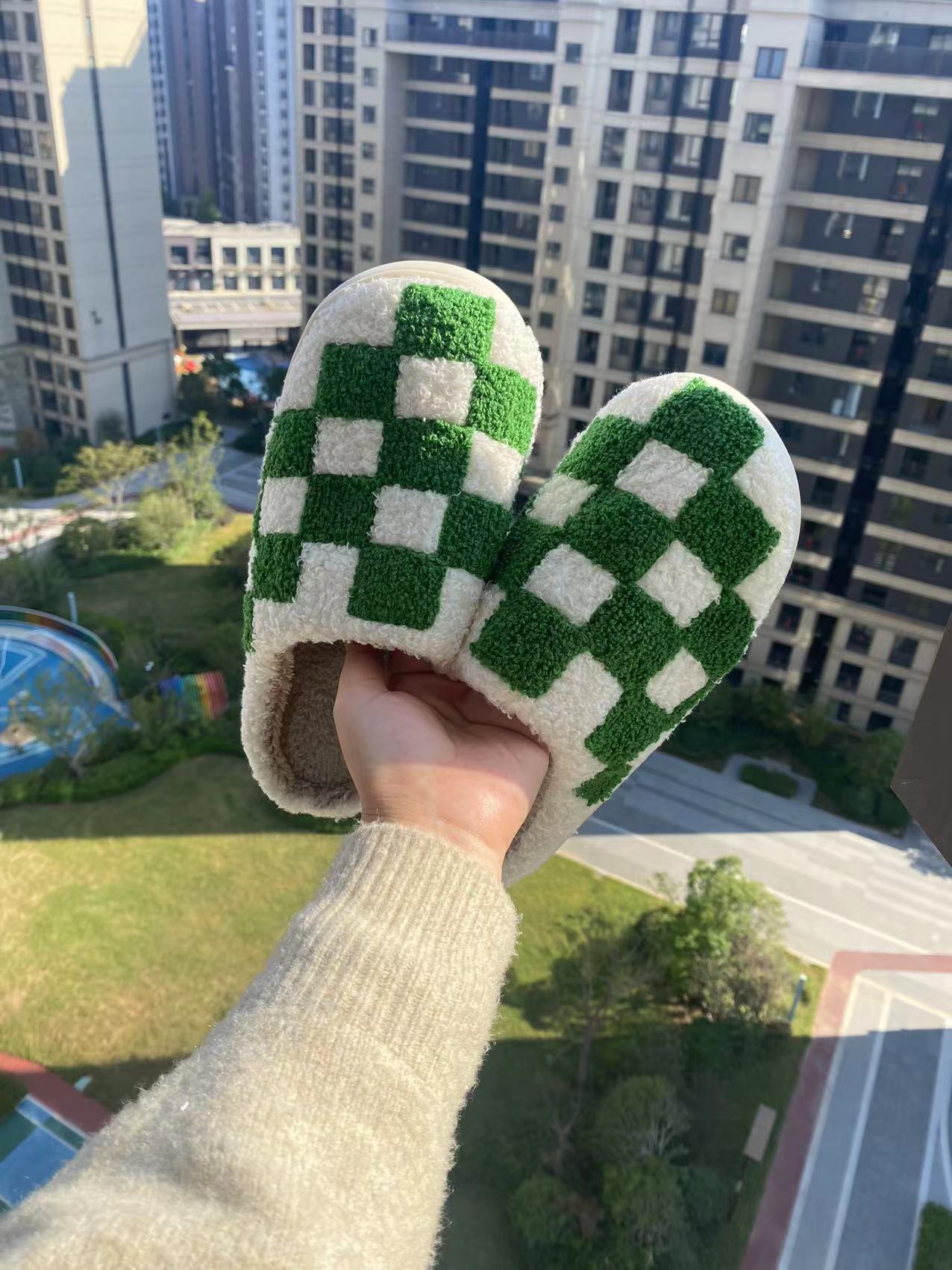 Preppy Aesthetic Green Checkerboard Print Cozy Slippers