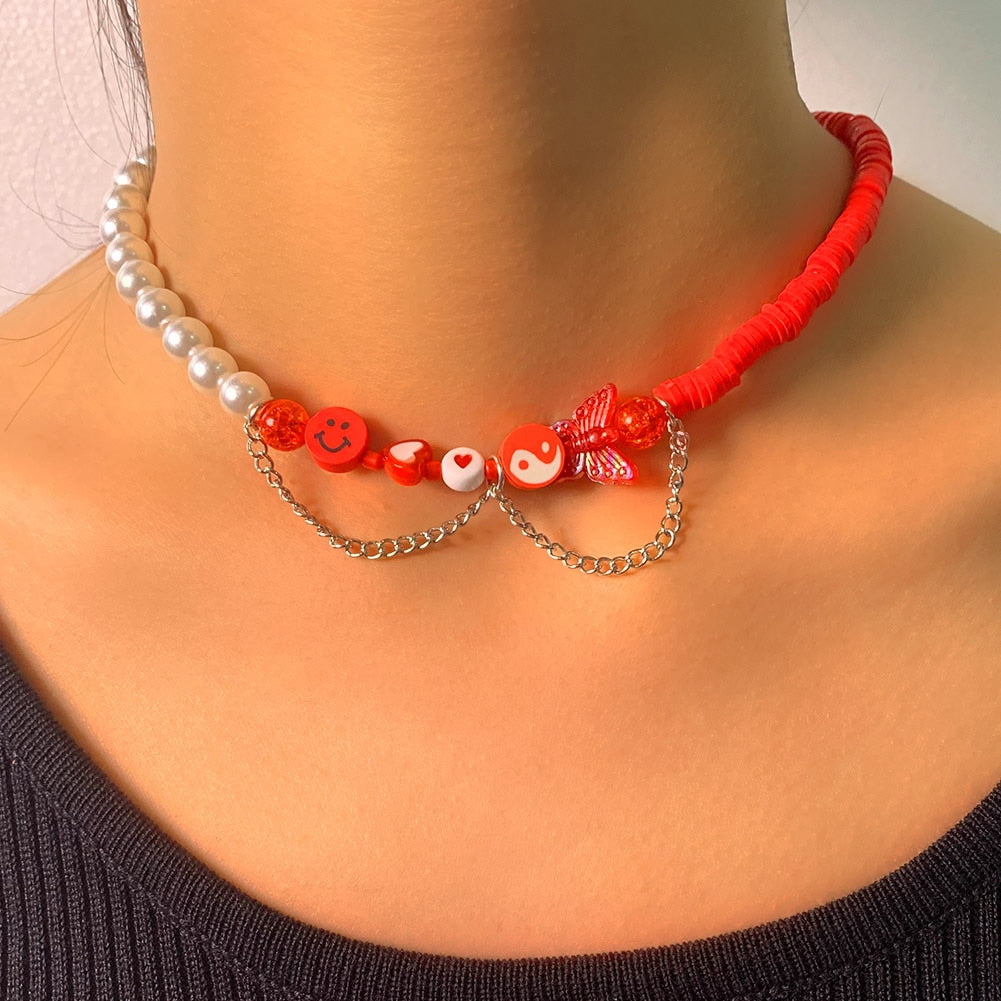 beaded necklace / dainty pearl choker /red crystal /aesthetic jewelry for  women - Shop CHACHA Studios Necklaces - Pinkoi