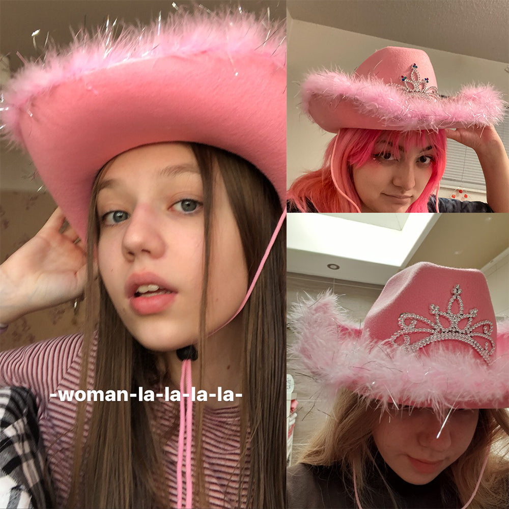 Pink Cowgirl Hat Fuzzy Slippers